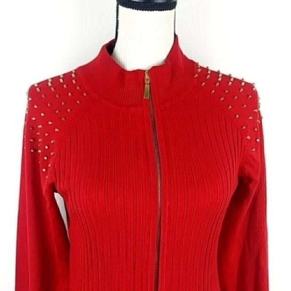 Women's Red Sweater Cardigan Embellished Stud Fontana Red Cardigan Sweater - Picture 3 of 12